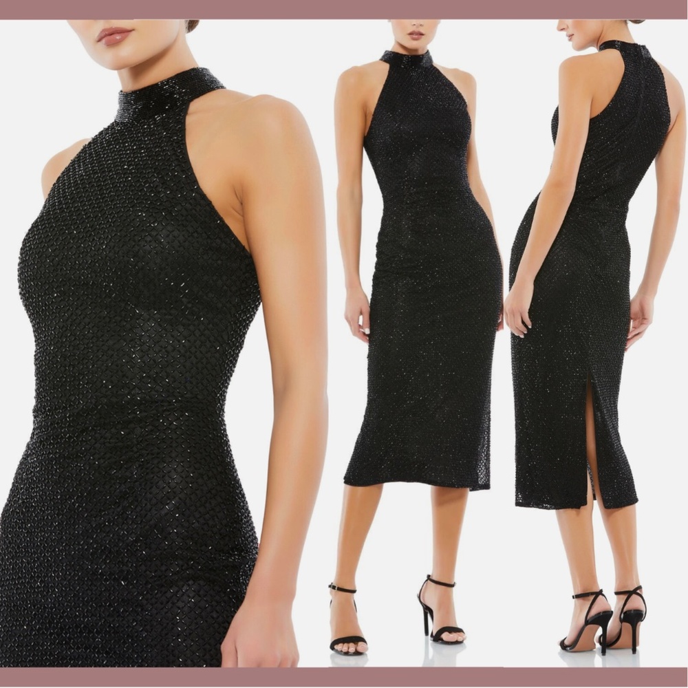 NWT Mac Duggal‎ [ 0 ] Hand Embellished Halter Neck Midi Sheath Dress Black